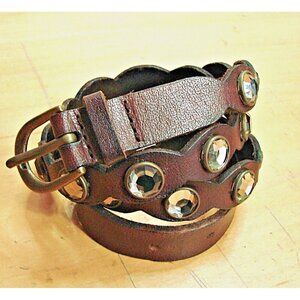 Vintage American Eagle Women Rhinestone Stud Leather Belt L-XL Brown Boho Urban